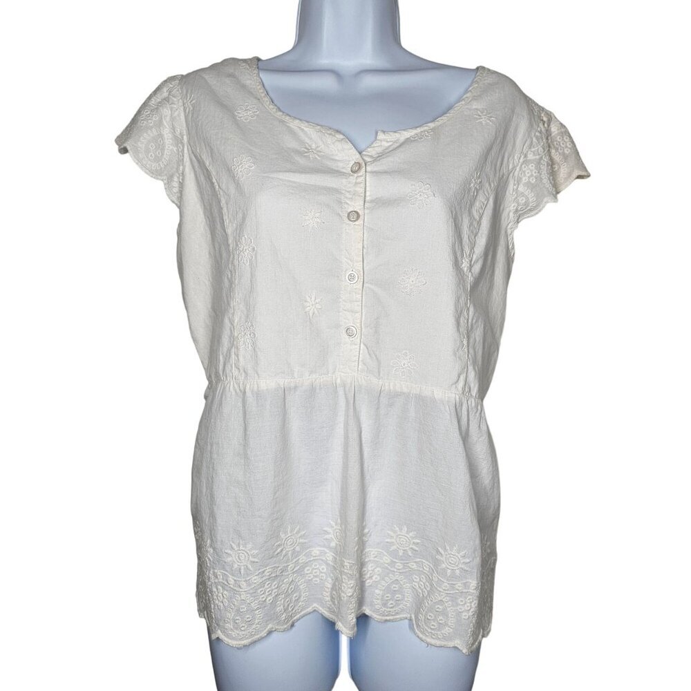 Lee Peasant Peplum Top Cap Sleeve Embroidered Detail Front‎ Button Women White L